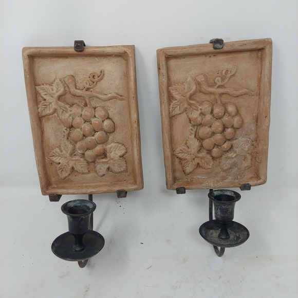 Tan Ceramic Tile Italian Grape Wine Wall Scones Candle Holder Set Of 2 Decor - Picture 7 of 8